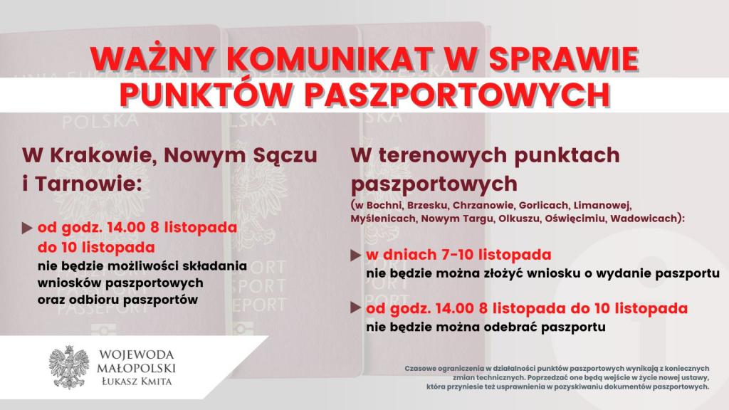 Plakat z komunikatem dotyczącym spraw paszportowych, treść w artykule